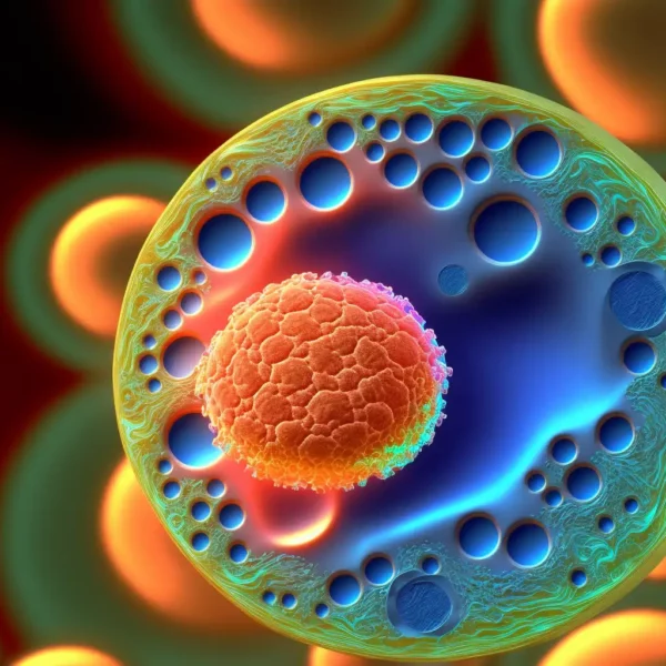 A colorful illustration of a cell with a central nucleus and porous membrane, surrounded by glowing orbs.
