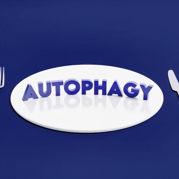 Blue backgroaund with white cartoon fork, knife and plate. Text on the plate reads "Autophagy."