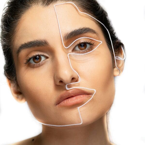 Woman looking forward with half-face outline